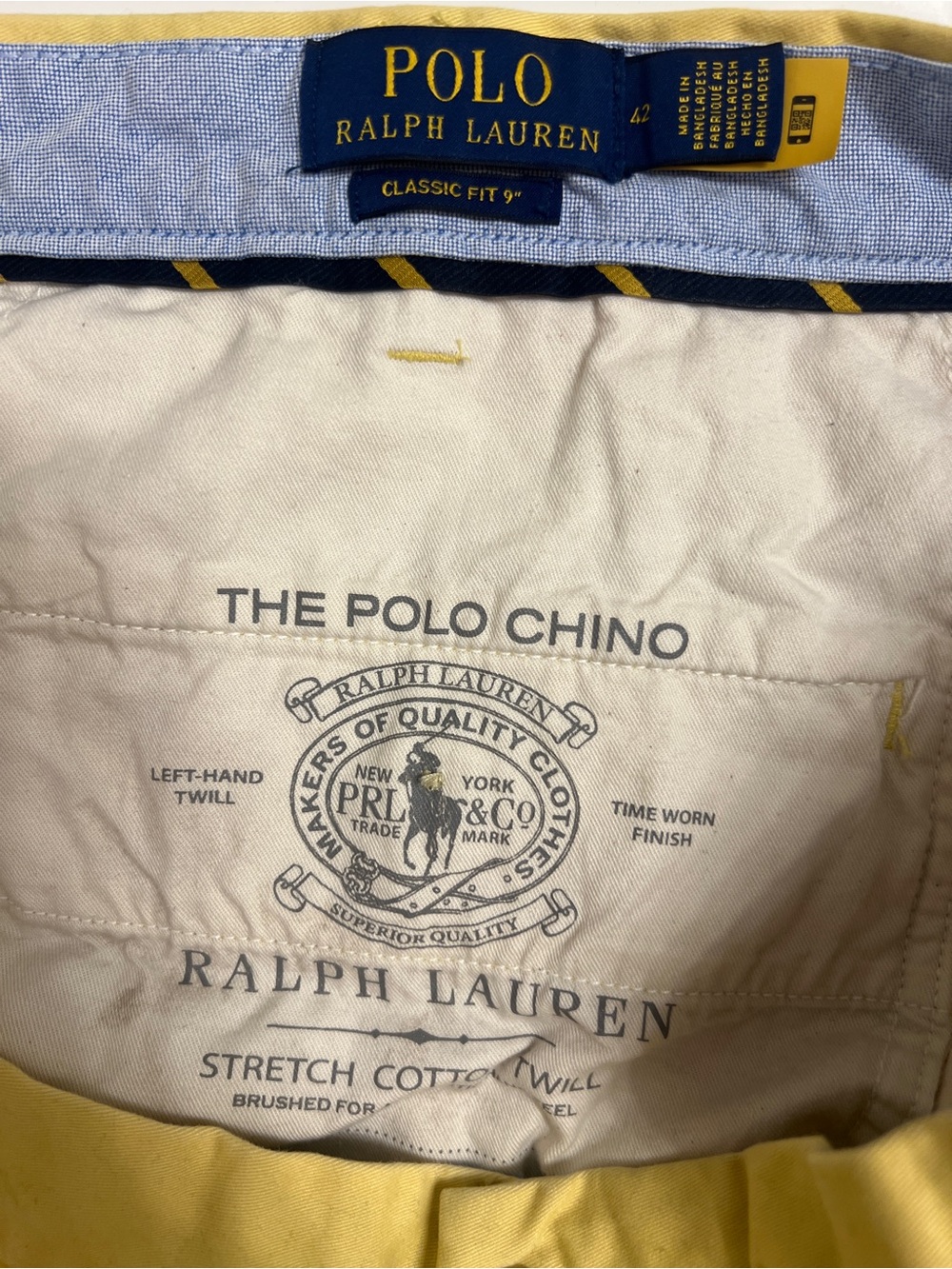 Polo Ralph Lauren Men’s Yellow Cotton Twill Chino 9” Shorts Size 42 - Picture 5 of 5
